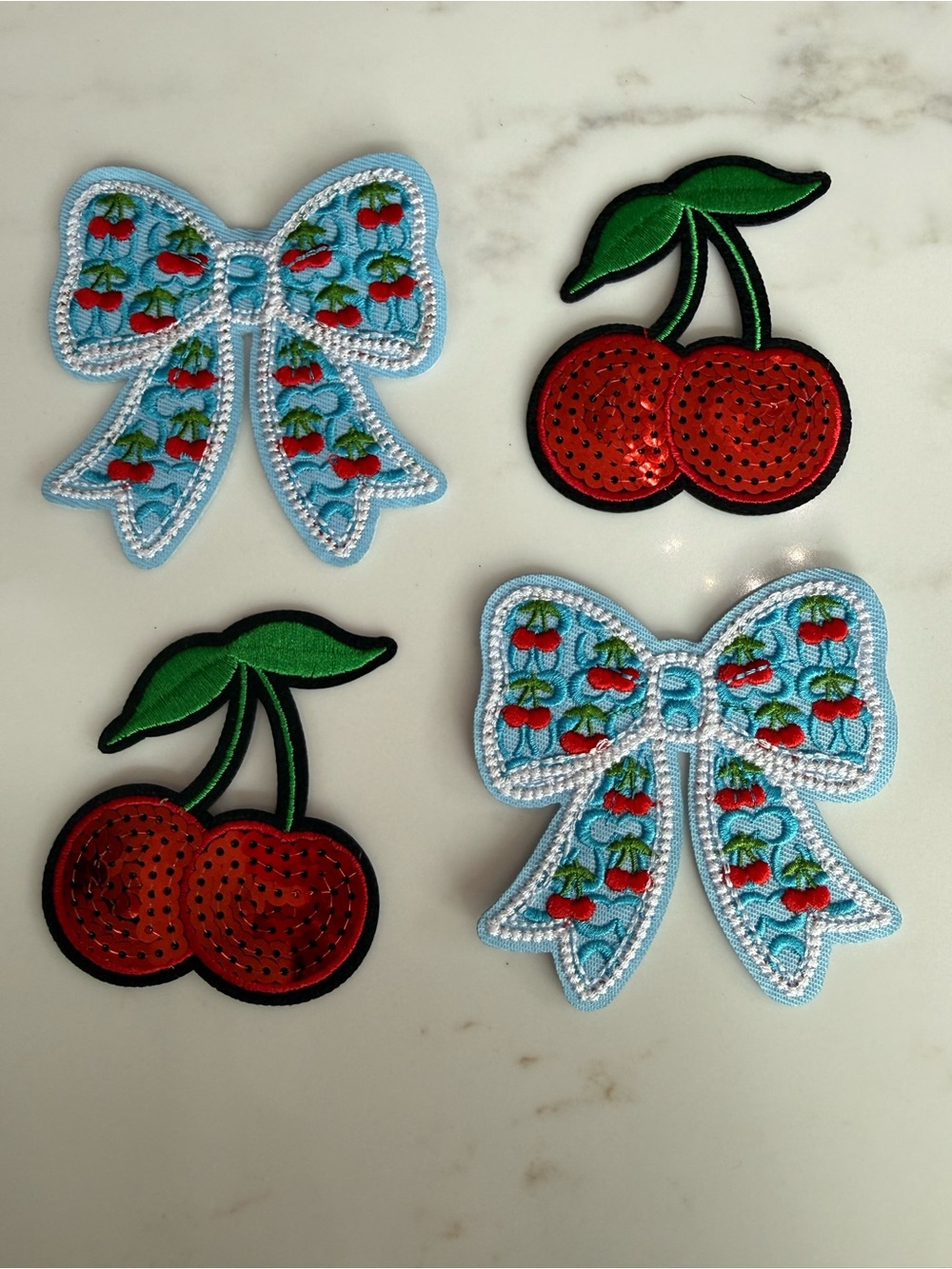 Hand Crafted Cherry & Blue Bow Iron on Patches